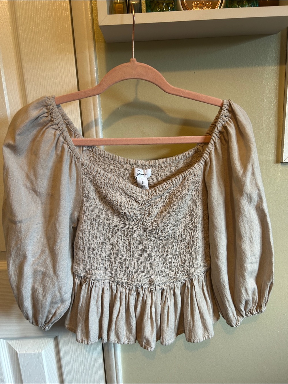 Smocked Peplum Puff Sleeve Top - Beige